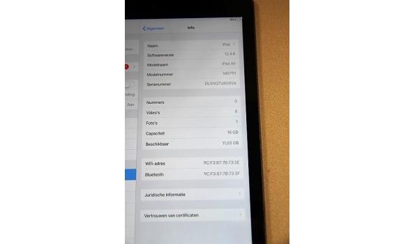 tablet pc APPLE, type IPAD AIR, iOS 12.4.6, cap 16Gb, beschadigd wo barst scherm, zonder lader
