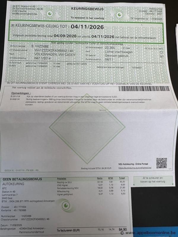 Lichte vrachtwagen VOLKSWAGEN Caddy, WV1ZZZ2KZFX045552, 1e insch 2014-11-04, 25093km, 1984cm³, 80kW, aardgas (CNG), manueel, euro 5b, mtm 2234kg, t… – foto 11 – kavel bij Appelboom