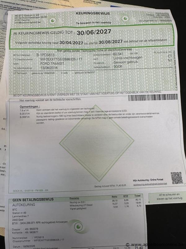 Lichte vrachtwagen FORD Transit, WFOEXXTTGEGB86325, 1e insch 2016-06-15, 61891km, 2198cm³, 92kW, diesel, manueel, euro 5b, mtm 3500kg, tarra 2830kg… – foto 12 – kavel bij Appelboom