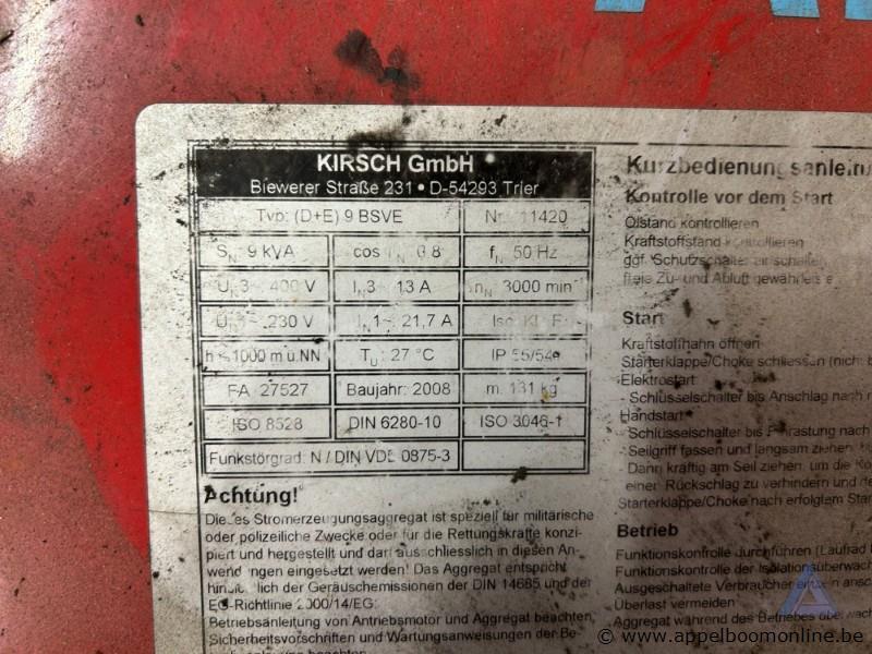 Stroomgenerator KIRSCH 9 BSVE, bouwjaar 2008, 7.2 kW, 230/400 V, 3 fasen, serienummer 11420. Werking niet gekend – foto 3 – kavel bij Appelboom