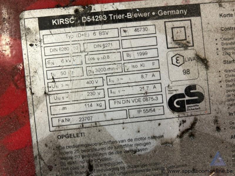 Stroomgenerator KIRSCH D54293 Trier-Biewer 6 BSV, bouwjaar 1999, 4.8 kW, 400 V en 230 V uitgang, 114 kg, geluidsniveau 98 dB. Werking niet gekend – foto 3 – kavel bij Appelboom
