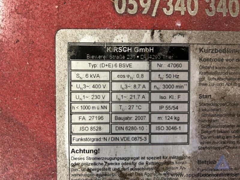 Stroomgenerator KIRSCH (D+E) 6 BSVE, 6 kVA, 400 V en 230 V uitgangsspanning, 124 kg bouwjaar 2007, 4,8 kW. Werking niet gekend – foto 3 – kavel bij Appelboom