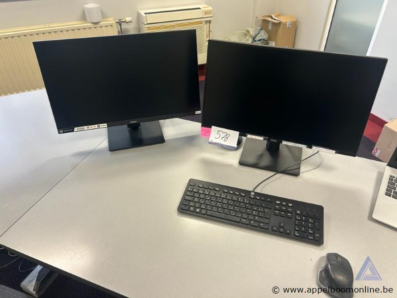 Twee monitoren iiyama, inclusief HP toetsenbord en Logitech muis. Werking niet gekend – kavel bij Appelboom