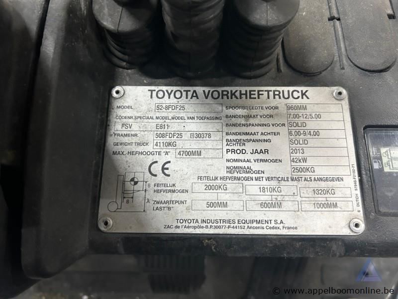 Heftruck TOYOTA 52-8FDF25, bedrijfsuren 3.538,5 u, hefvermogen 2.500 kg, solid banden, bouwjaar 2013, 3.539 u, 2500 kg, 4,7 m, standaard mast, 4.11… – foto 6 – kavel bij Appelboom