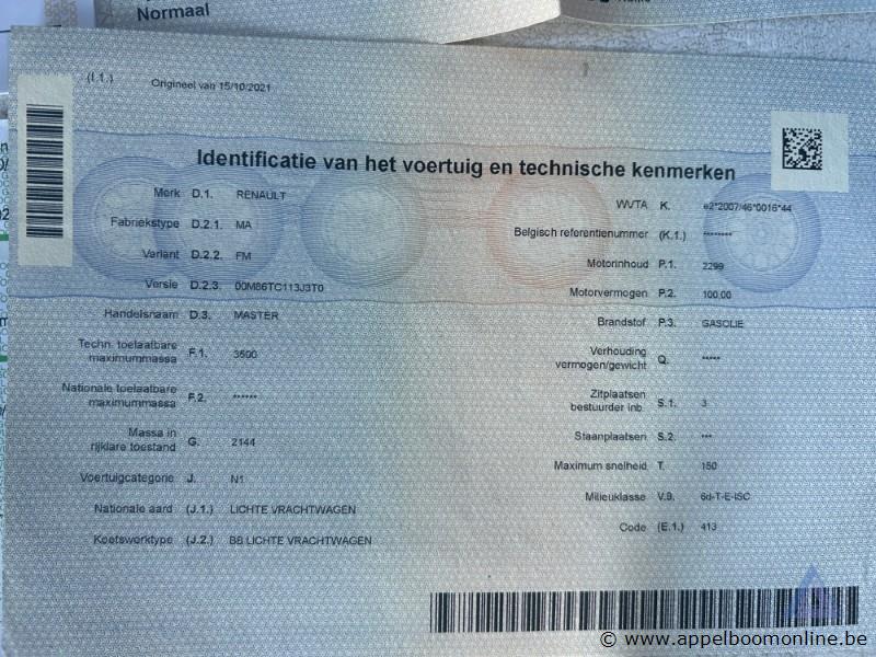 Lichte vrachtwagen RENAULT Master, VF1MA000567950576, 1e insch 15/10/2021, 32688km, 2299cm³, 100kW, diesel, manueel, mtm 3500kg, tarra 2342kg, 2 sl… – foto 21 – kavel bij Appelboom