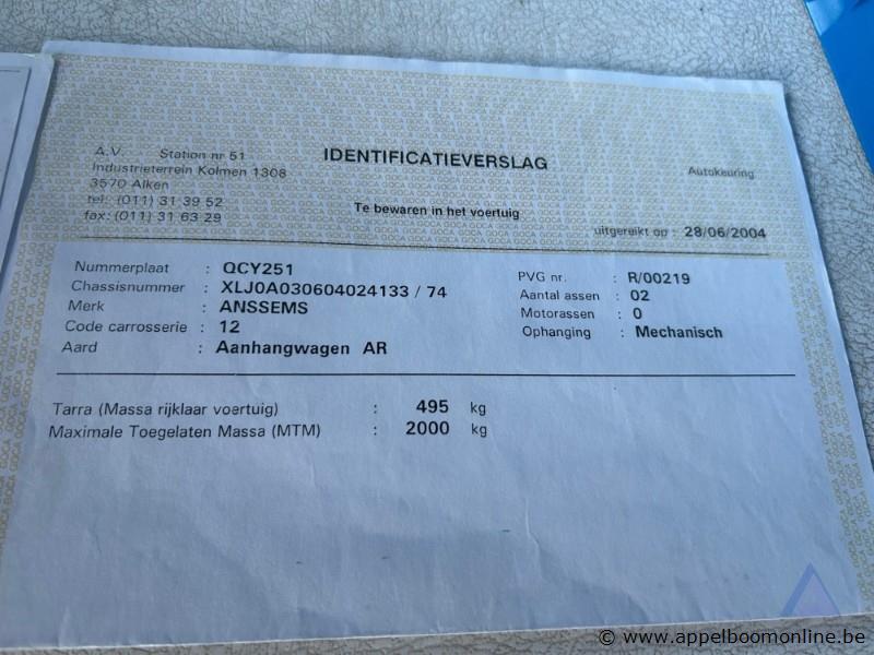 Aanhangwagen ANSSEMS BSX 2000, XLJ0A030604024133, 1e insch 2004-06-22, 2 assen, mtm 2000kg, tarra 495kg, huif, keuring tot 2026-06-28, inschrijving… – foto 8 – kavel bij Appelboom