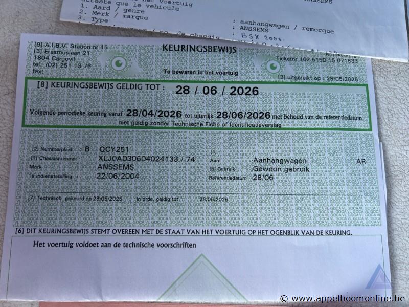 Aanhangwagen ANSSEMS BSX 2000, XLJ0A030604024133, 1e insch 2004-06-22, 2 assen, mtm 2000kg, tarra 495kg, huif, keuring tot 2026-06-28, inschrijving… – foto 9 – kavel bij Appelboom