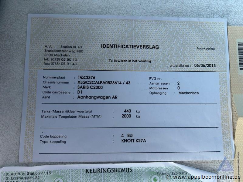 Aanhangwagen SARIS C2C, XLGC2CALPA0528614, 1e insch 2012-07-03, mtm 2000kg, tarra 440kg, laadverm. 1560kg, huif, keuring niet geldig tot 2023-06-06… – foto 6 – kavel bij Appelboom