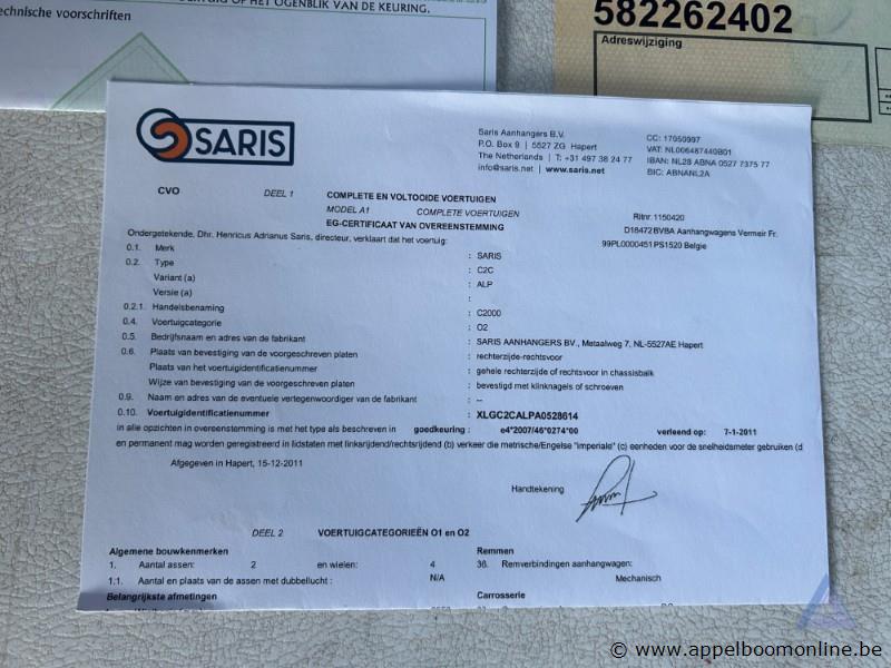Aanhangwagen SARIS C2C, XLGC2CALPA0528614, 1e insch 2012-07-03, mtm 2000kg, tarra 440kg, laadverm. 1560kg, huif, keuring niet geldig tot 2023-06-06… – foto 8 – kavel bij Appelboom