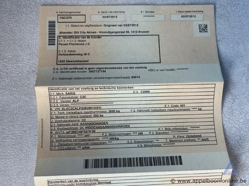 Aanhangwagen SARIS C2C, XLGC2CALPA0528614, 1e insch 2012-07-03, mtm 2000kg, tarra 440kg, laadverm. 1560kg, huif, keuring niet geldig tot 2023-06-06… – foto 9 – kavel bij Appelboom