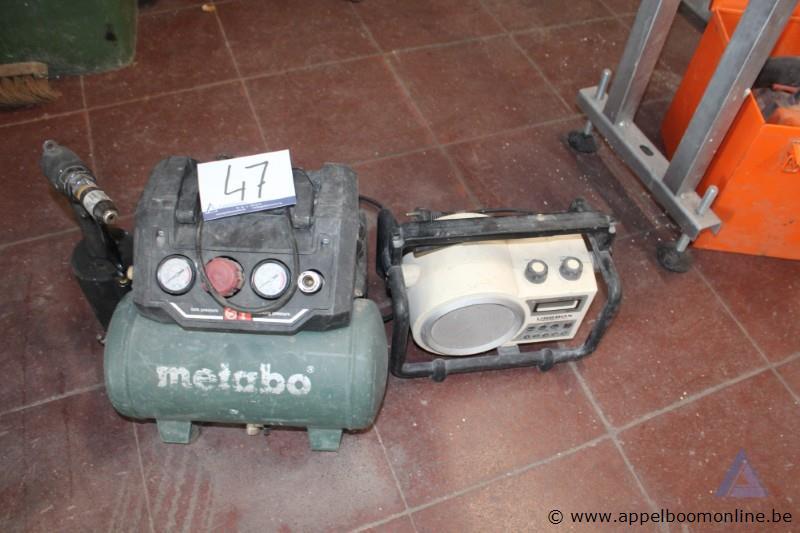 Compressor Metabo, 8 bar, 6 L, 97 dB. Werking niet gekend. plus werfradio USBOX – foto 2 – kavel bij Appelboom